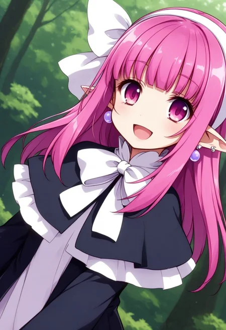 1girl,solo,long sleeve,black long dress,Slit in the center dress,pink hair,pink eyes,capelet,black Long boots,blunt bangs,long dress,earring,white hair ribbon,white hairband,pointy ears,ribbon,kind smile,cheek,open mouth,standing,dramatic angle,forest,day,