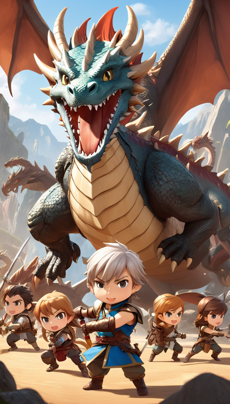 breathtaking Cinematic scene, hero view, a group of adventurers fighting a mighty dragon, action pose, detailed background, masterpiece, best quality, high quality, highres, absurdres, chibi <lora:nendoroid_xl_v4:1> . award-winning, professional, highly detailed
