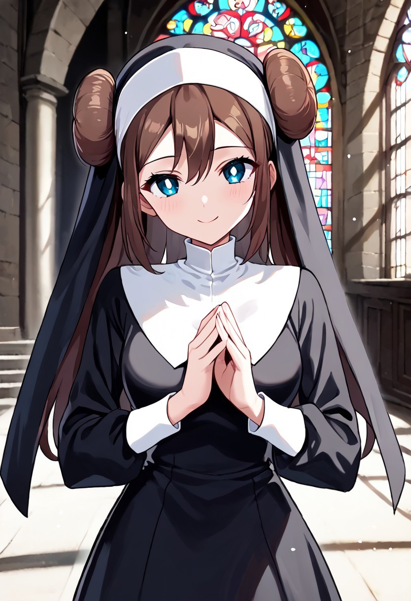 score_9, score_8_up, score_7_up,(source_anime:1.2), seductive smile, praying, high res image,masterpiece,best qualitygirl,rosa, Rosa_(Pokemon),cute face,clear skin,shiny hair,ultra detailed eyes , church, blue_eyes, white_pupils, brown_hair, long_hair <lora:nun_pony_V1.0:0.6> nun, black dress, long sleeves,