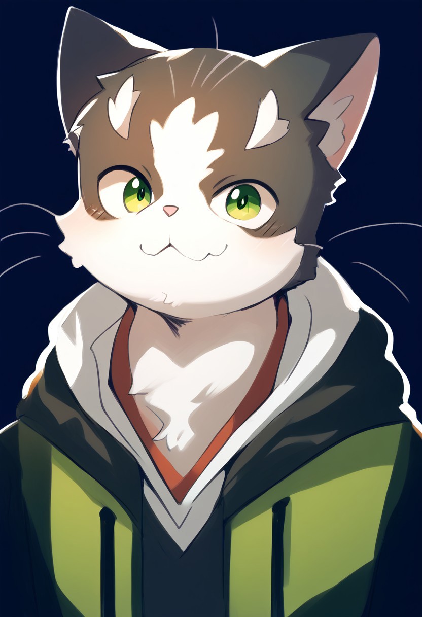 hoggan,kemono,cute doodle,furry,anthro,male,Nyanta, cat, long whiskers, green eyes, hooded garment,dark background BREAK score_9_up,score_8_up,score_7_up,score_6_up,score_5_up,score_4_up,normal quality,