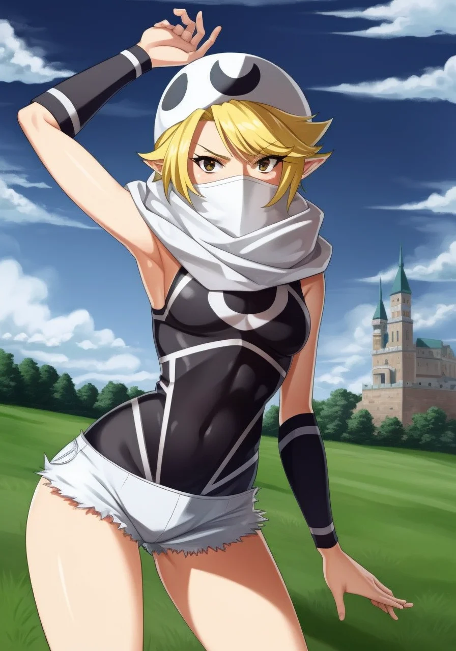 1girl, solo, field, castle, outdoors, looking at viewer, <lora:team-skull:0.912>, team skull, nintendo, team skull grunt, white shorts, black tank top, short shorts, thigh strap, bandana, bandana over mouth, beanie, cosplay, <lora:sheik:0.884>, sheik, bodysuit, mask, scarf,