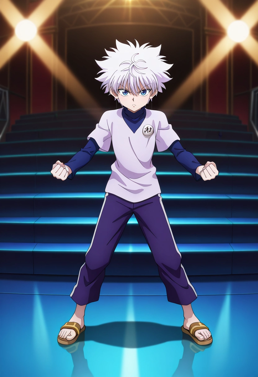 masterpiece, best quality, , anime screencap, anime coloring, official style, looking at viewer, , 1boy, solo, male focus, <lora:killua_zoldyck_ilxl:0.96>, killua_zoldyck, white hair, blue eyes, short hair, spiked hair, bangs, messy hair, crystal theater, gem seats, light stage, performance space, performing pose, dramatic expression, stage lighting, Pleated trousers, Quarter-zip pullover, Sandals, ,
