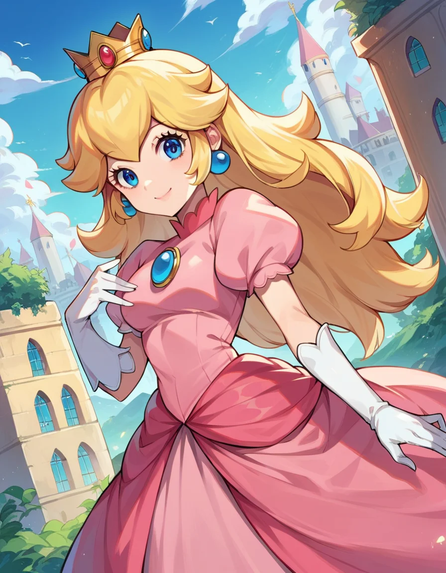 score_9, score_8_up, score_7_up, source_anime,
princesspeach, <lora:princess-peach-chibi-ponyxl-lora-nochekaiser:1>
princess peach, blonde hair, blue eyes, long hair, smile,
crown, dress, gem, gloves, pink dress, puffy short sleeves, puffy sleeves, short sleeves, white gloves,
outdoors, cityscape,
looking at viewer, dutch angle, cowboy shot