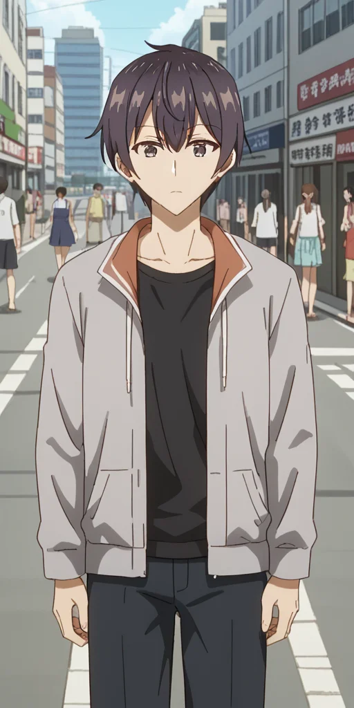 <lora:Masachika_Kuze_from_Alya_sometimes_hides_her_feelings_in_russian:1>, MasachikaKuze, anime style, summer, city street