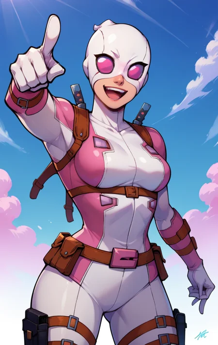 score_9, score_8_up, score_7_up, BREAK <lora:GwenpoolSDXL:0.8> GwenpoolSDXL, 1girl, solo, breasts, smile, open mouth, simple background, gloves, medium breasts, belt, white gloves, bodysuit, mask, pointing, sheath, sheathed, holster, white bodysuit, superhero, pointing up, cowboy shot, sky,