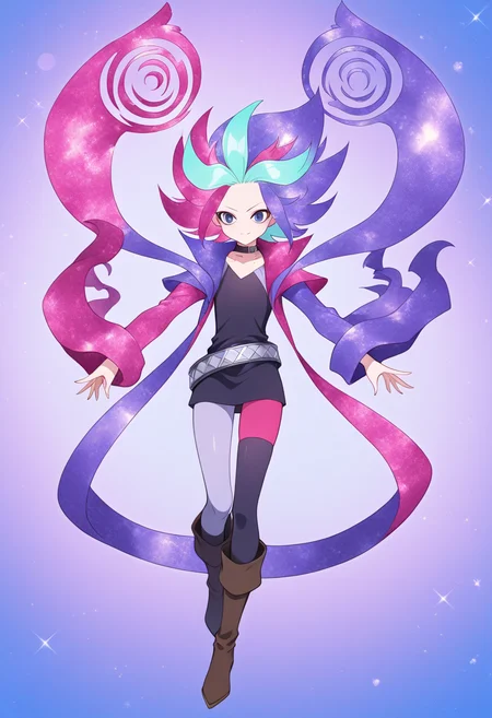 <lora:GaitoKurouzu_V1-1:1>,gaito kurouzu,dragonforce,1boy,solo,male focus,multicolored hair,dyed bangs,boots,full body,belt,choker,asymmetrical clothes,brown footwear,collar,aqua hair,hagoromo,mismatched sleeves,pink hair,purple hair,black shirt,shirt,coat,sparkle,pants,mismatched legwear,asymmetrical legwear,masterpiece,high score,great score,absurdres,