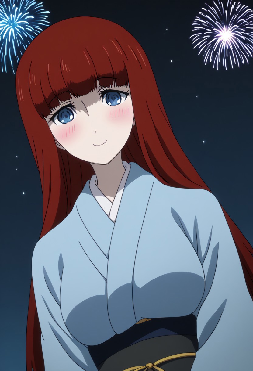 rating_safe, Ultra-high-detailed Anime illustration of Kagari Shiina from Anime Steins;Gate 0. 
The artwork features Kagari in a solo, standing position with a outdoors, flield, and night background. night time. night. stars.
She is depicted with intricate details showcasing her large breasts, natural_breasts. She is a white skinned, 22 years old woman. Kagari is looking_at_viewer with perfect_eyes, Her pupils are highly detailed. The eyes are open. blue eyes. Kagari's eyes are highlighted. Highlighted eyevrows. 
She has long hair, red colored hair, styled in blunt bangs and floating hair.
She is wearing a blue kimono and black shoes. japanese kimono, kimono.
The artistic style is intricate_details_xl with a focus on Anime art. The color palette emphasizes red and black with detailed strokes to bring out the character's features. The lighting creates dramatic shadows and highlights, adding depth to the artwork. The perspective is from a face focus, dutch angle to enhance the impact of the character's expression. This masterpiece is a true portrayal of Kagari's complex personality and will captivate any fan of Kagari. uncensored, upper body, blushing, smile, Kagari Shiina,
perfecteyes,
<lora:Steins_Gate:1>
kimono
happy new year!, Happy New Year golden fireworks, Happy New Years