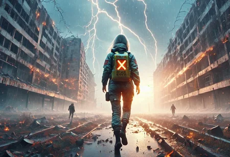 Chernobyl disaster, The nuclear power plant was destroyed after the explosion , Intercontinental ballistic missile Nuclear weapon, Russian alphabet, Apocalypse,girl,  fire,  glowing x, minimalist short outfit, anti social , running, falling snow, cyberpunk ruined ancient city, intricate details,8k post production, faithful, Religious denomination, cinematic color