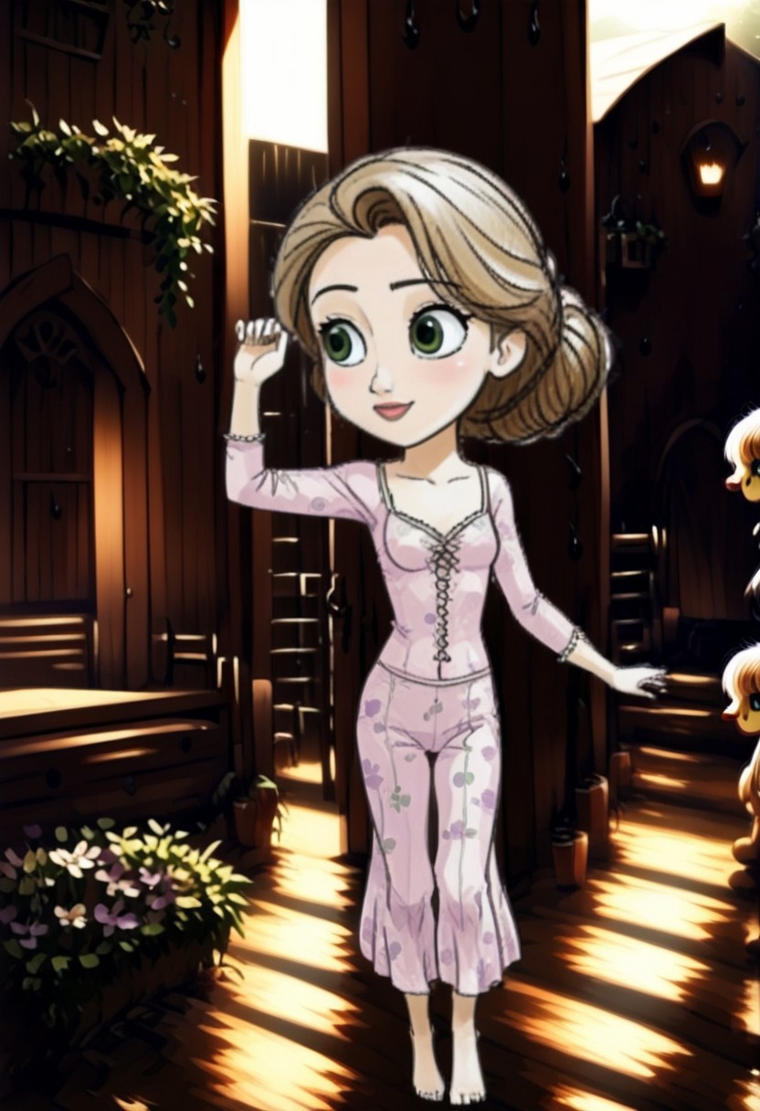 headsize, very large head, 1girl, RapunzelWaifu, lively,  dancing on balcony, nighttime,  wearing floral gown, graceful, anime style