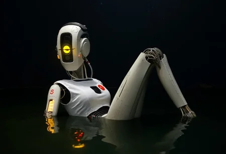 DVD still from 1981 dark fantasy sci-fi film 'Portal 2 ', Glados awakens, robot woman laying in the water, half-submerged, secret lab, robot, android, animatronic, robot joints, glowing eye, ultra realistic, intricate details, Aperture science, eerie, 1981, (((Abandonned, submechanaphobia, spaceflight)))