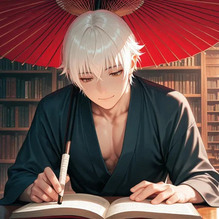 masterpiece, best quality, amazing quality, absurdres, newest, detailed background, definition so sharp, Ultra-HD, 8K cinematic, very awa, impressionate, amazing quality, highres,
solo, male focus, manly,
yashiroisana, 1boy, short hair, bangs, shiro_white hair, shiro_brown eyes, oil-paper umbrella, seated, reading a book, calm expression, slight smile, aesthetic, library, soft light, bookshelves, peaceful, joyful, gentle