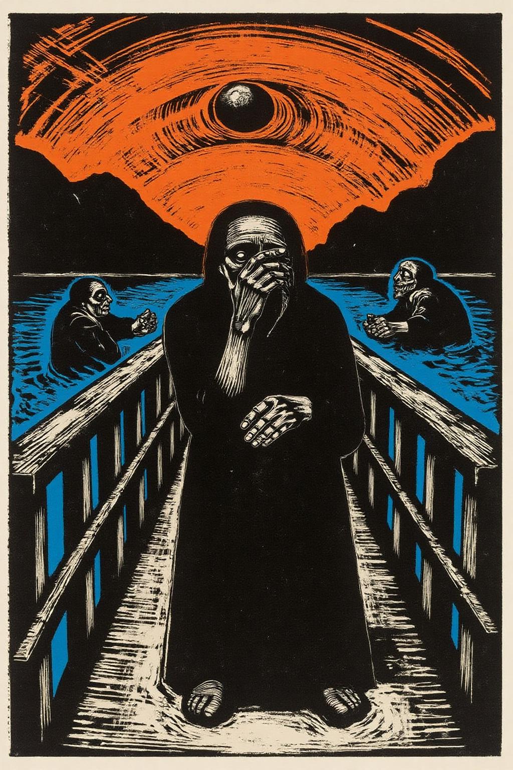 kako1 black and white woodcut print. A figure standing on a wooden bridge, clutching their face in despair, with a backdrop of swirling, fiery orange skies and deep blue water. The figure's skeletal, distorted form conveys a sense of anxiety and existential dread, emphasized by their wide, hollow eyes and open mouth. The bridge extends diagonally into the composition, framed by two shadowy figures in the background and fjord-like landforms in the distance. The overall scene is dynamic, with bold, swirling strokes and vibrant, contrasting colors creating an atmosphere of emotional turbulence,   <lora:kako3_woodcut_cap_d6a3e11:1.0><lora:817653239618006173:0>