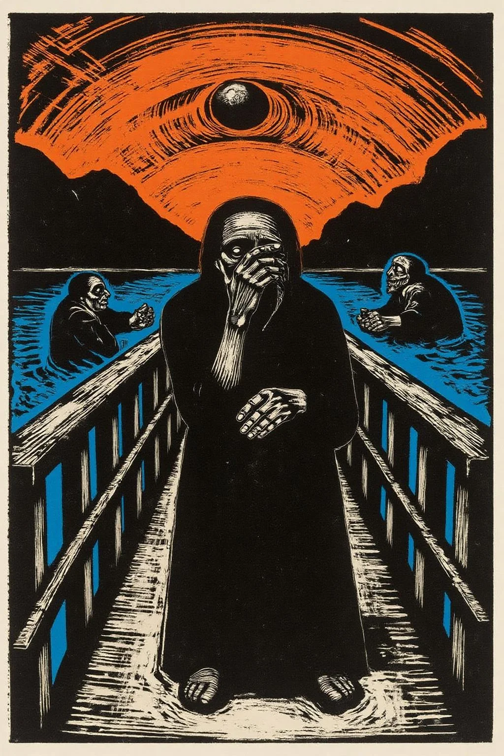 kako1 black and white woodcut print. A figure standing on a wooden bridge, clutching their face in despair, with a backdrop of swirling, fiery orange skies and deep blue water. The figure's skeletal, distorted form conveys a sense of anxiety and existential dread, emphasized by their wide, hollow eyes and open mouth. The bridge extends diagonally into the composition, framed by two shadowy figures in the background and fjord-like landforms in the distance. The overall scene is dynamic, with bold, swirling strokes and vibrant, contrasting colors creating an atmosphere of emotional turbulence, <lora:kako3_woodcut_cap_d6a3e11:1.0><lora:817653239618006173:0>