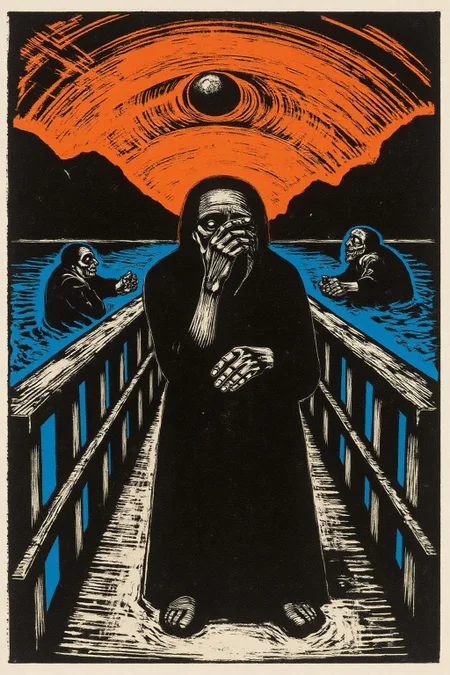 kako1 black and white woodcut print. A figure standing on a wooden bridge, clutching their face in despair, with a backdrop of swirling, fiery orange skies and deep blue water. The figure's skeletal, distorted form conveys a sense of anxiety and existential dread, emphasized by their wide, hollow eyes and open mouth. The bridge extends diagonally into the composition, framed by two shadowy figures in the background and fjord-like landforms in the distance. The overall scene is dynamic, with bold, swirling strokes and vibrant, contrasting colors creating an atmosphere of emotional turbulence, <lora:kako3_woodcut_cap_d6a3e11:1.0><lora:817653239618006173:0>