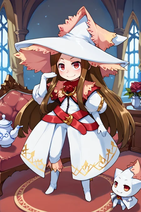 (score_9, score_8_up, score_7_up, score_6_up), source anime, BREAK, <lora:Rosary_Esmeralda_Yggdra_Union_Well_Never_Fight_Alone__Dept._Heaven:0.75>, RosaDef, brown hair, long hair, red eyes, white witch hat, white dress, red belt, gloves, rose, (chibi), closed mouth, standing, full body, interior, living room, mansion, sofa, teapot, smug grin, magic, <lora:zy_Detailed_Backgrounds_v1:0.5> , detailed background, highly detailed, <lora:Huffslove_Style_PonyXL:0.7> , huffslove,