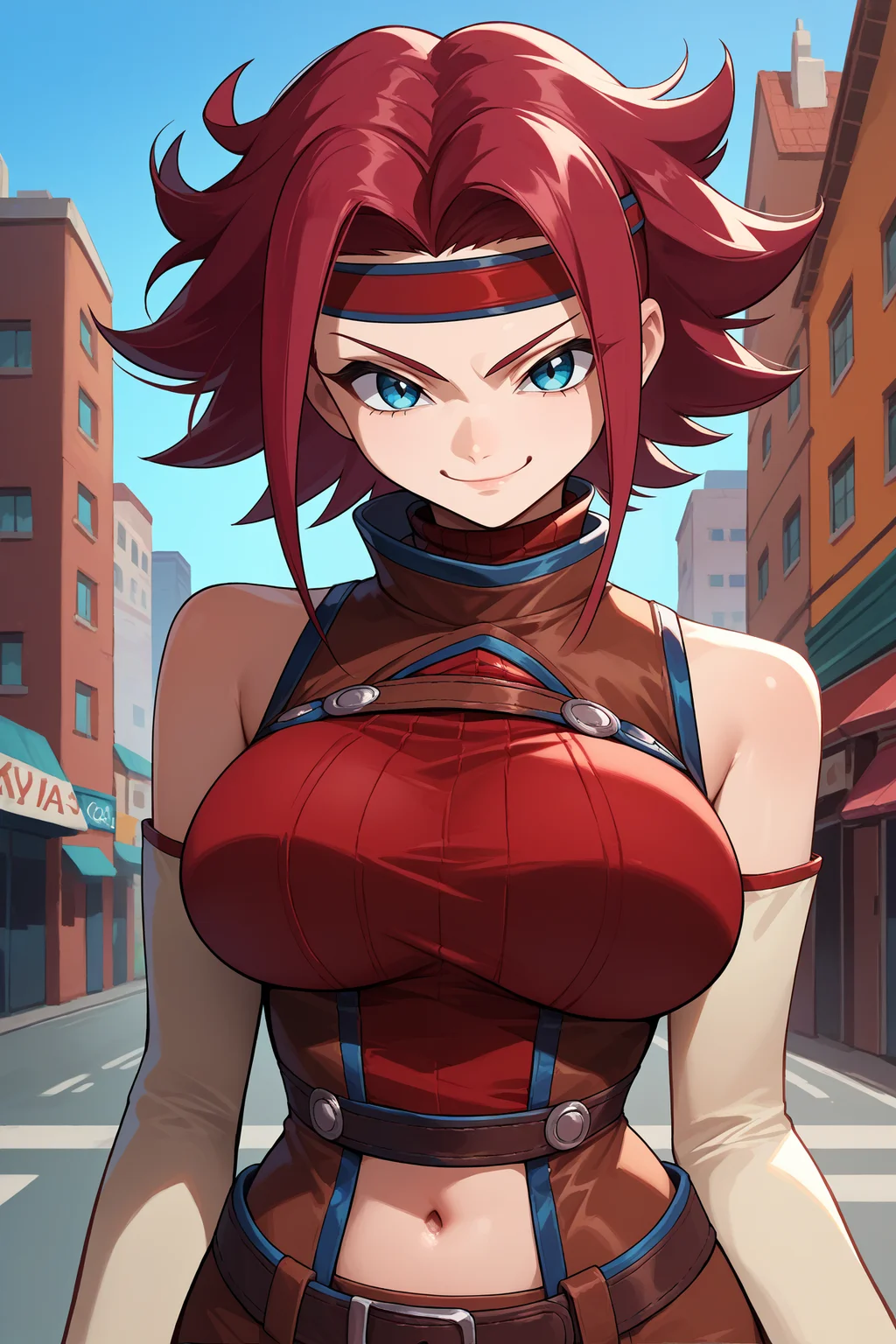 score_9, score_8_up, score_7_up, score_6_up, source_anime, 1girl, solo, <lora:kouzukikallen-pdxl-nvwls-v1-000006:1> kouklln, red hair, flipped hair, short hair, blue eyes, red headband, red sleeveless turtleneck, navel, belt, brown shorts, detached sleeves, looking at you, smile, smug, blue sky, city, upper body, portrait, large breasts