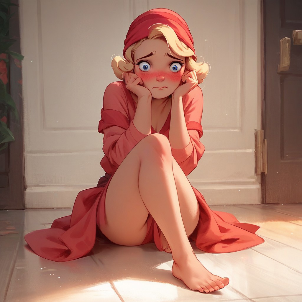 score_9, score_8_up, score_7_up, score_6_up, score_5_up, score_4_up, CLaBouff, 1 girl, blond hair, sitting on the floor, looking at viewer, barefoot, embarrassed, blushing