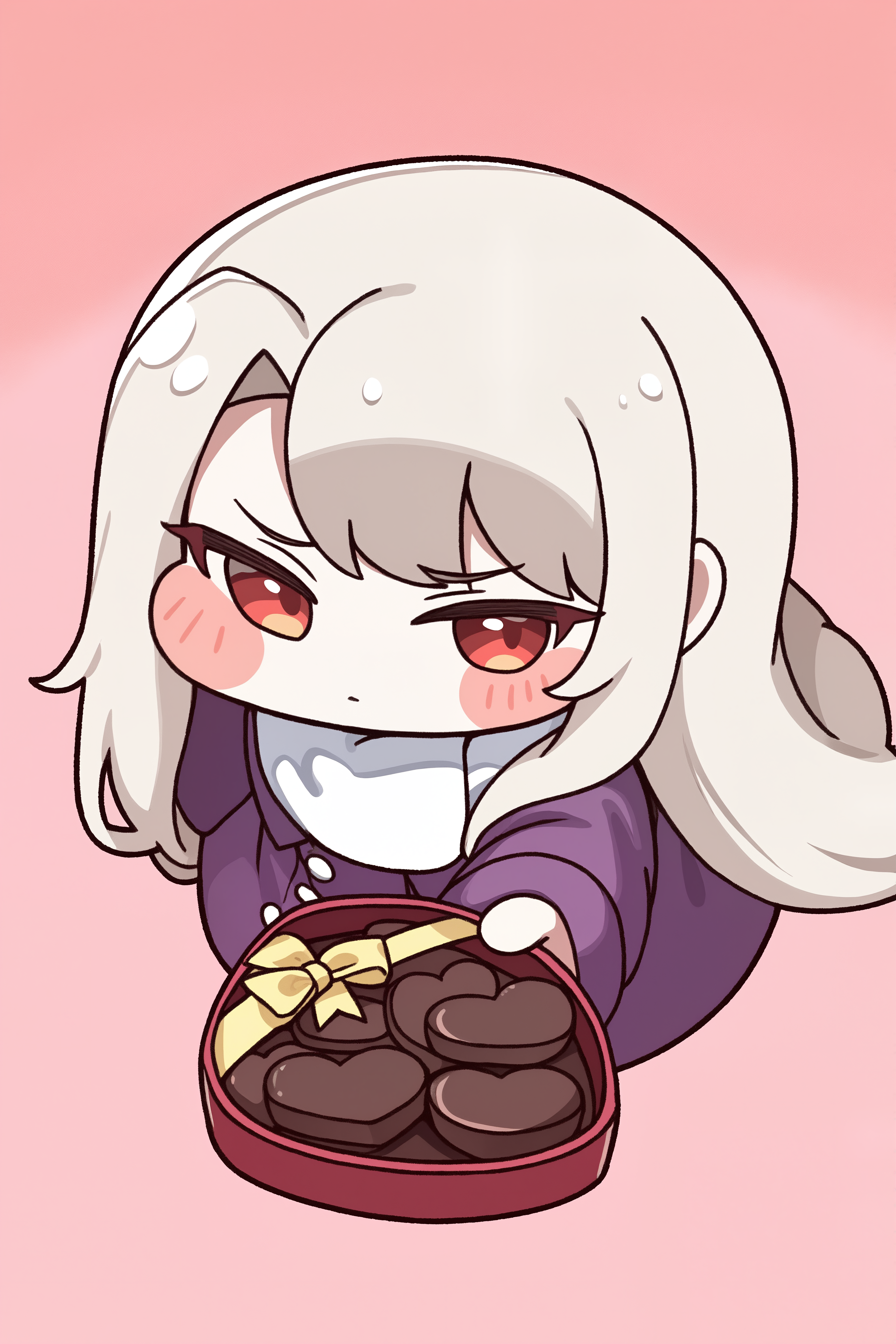 (trickcalcg, trickcal, chibi, chibi only:1.3), blush, blush stickers, 
fate \(series\), fate/stay night, illyasviel von einzbern, 1girl, long hair, red eyes, white hair, flat chest, simple background, pink background, looking to the side, closed mouth, blush, embarrassed, (upper body), valentine, happy valentine, box of chocolates, incoming gift, from above, close-up, coat, purple coat, 
(masterpiece, best quality, absurdres, highres, newest, very awa:1.2), 