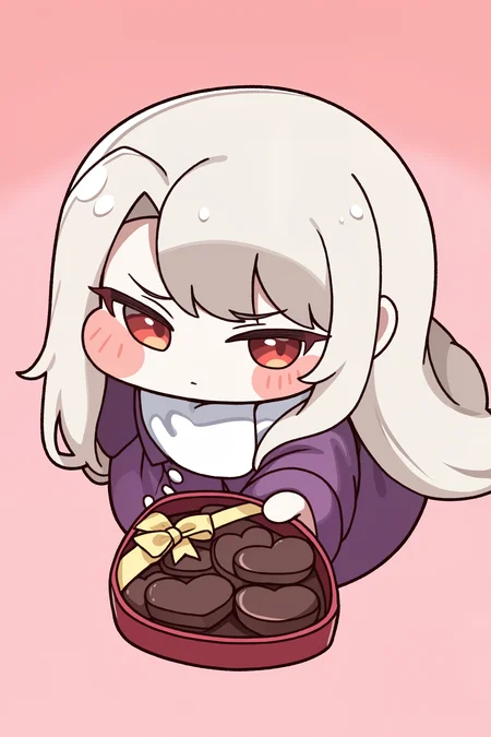 (trickcalcg, trickcal, chibi, chibi only:1.3), blush, blush stickers, 
fate \(series\), fate/stay night, illyasviel von einzbern, 1girl, long hair, red eyes, white hair, flat chest, simple background, pink background, looking to the side, closed mouth, blush, embarrassed, (upper body), valentine, happy valentine, box of chocolates, incoming gift, from above, close-up, coat, purple coat, 
(masterpiece, best quality, absurdres, highres, newest, very awa:1.2), 