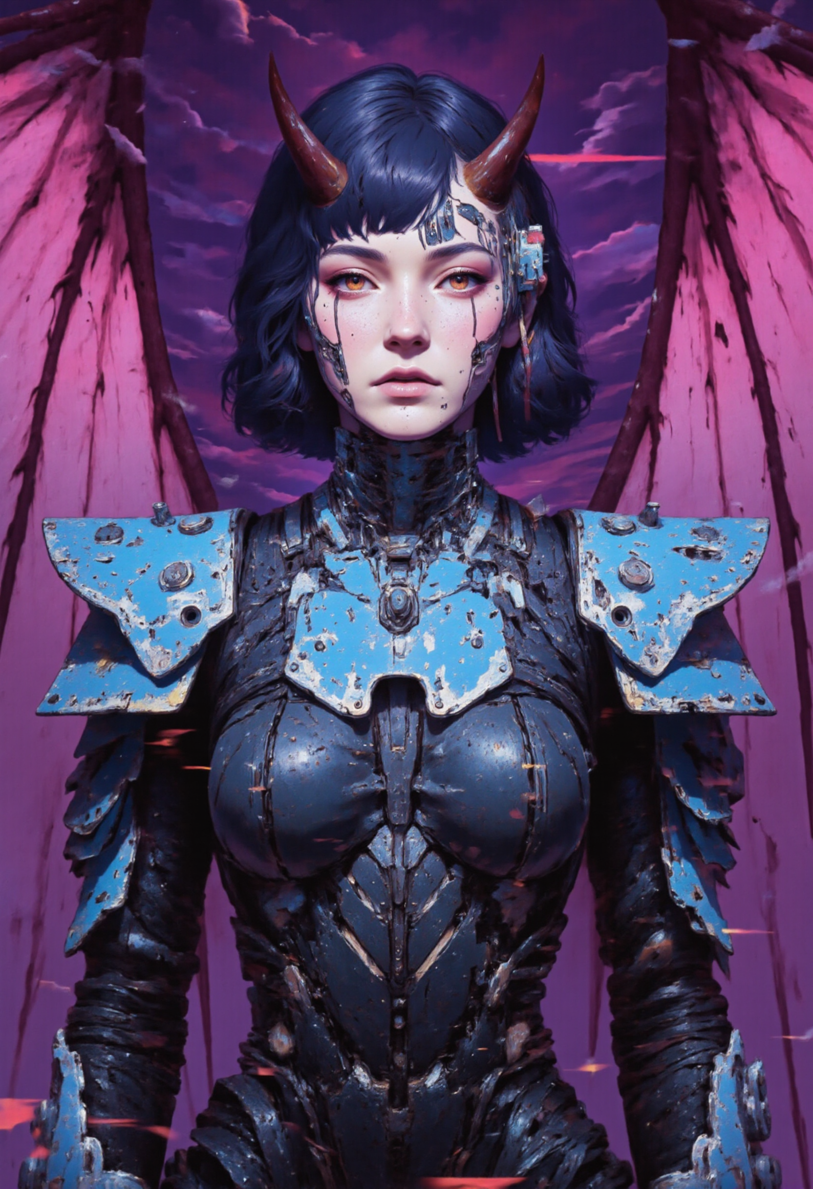 gl1tchc0re, glitch reality,,  glitched digital painting depicting a fantasy cyberpunk warrior with demonic features. laser monocle, in a electron city. The subject is a female warrior with short, dark hair, sharp, pointed horns on her head, and large, bat-like wings with red membranes and dark veins. She wears ornate, blue and silver (((cybernetic armor))) with intricate designs, including a cybernetic chest plate, shoulder guards, and laser gauntlets. Her body suit features a mix of (((black latex))) and sci-fi metal, with a flowing, dark blue 
 (((digital))) cloak that billows behind her. cybernetic landscape., Bold, iconic, dynamic, dramatic, complex background, gorgeous, extremely intricate details. ((Styled by Katsuhiro Otomo, dark purple triangle., ((Synthwave)) , abstract lines , (minimalism ), ray tracing details in the style of Stephen Gammell)).