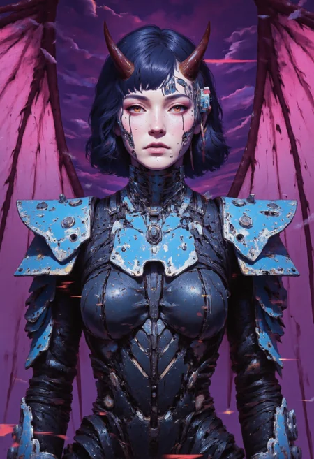 gl1tchc0re, glitch reality,, glitched digital painting depicting a fantasy cyberpunk warrior with demonic features. laser monocle, in a electron city. The subject is a female warrior with short, dark hair, sharp, pointed horns on her head, and large, bat-like wings with red membranes and dark veins. She wears ornate, blue and silver (((cybernetic armor))) with intricate designs, including a cybernetic chest plate, shoulder guards, and laser gauntlets. Her body suit features a mix of (((black latex))) and sci-fi metal, with a flowing, dark blue
(((digital))) cloak that billows behind her. cybernetic landscape., Bold, iconic, dynamic, dramatic, complex background, gorgeous, extremely intricate details. ((Styled by Katsuhiro Otomo, dark purple triangle., ((Synthwave)) , abstract lines , (minimalism ), ray tracing details in the style of Stephen Gammell)).