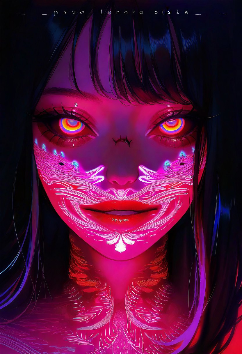 masterpiece, best quality, good quality, very aesthetic, absurdres, newest, 1girl, solo, looking_at_viewer, black_hair, 1boy, text, orange_eyes, lips, colored_skin, portrait, close-up, colored_sclera, red_lips, stitches, body_writing, horror_\(theme\), eye_focus, stitched_face, limited palette, sketch, glowing, psychedelic, Dutch Angle, <lora:ponyv5_noobE11_1_adamW-000013:0.7> <lora:USNR_STYLE_XL_lokr:1> <lora:Navi_LustStrokes_IL:1>
