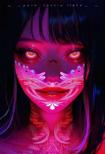 masterpiece, best quality, good quality, very aesthetic, absurdres, newest, 1girl, solo, looking_at_viewer, black_hair, 1boy, text, orange_eyes, lips, colored_skin, portrait, close-up, colored_sclera, red_lips, stitches, body_writing, horror_\(theme\), eye_focus, stitched_face, limited palette, sketch, glowing, psychedelic, Dutch Angle, <lora:ponyv5_noobE11_1_adamW-000013:0.7> <lora:USNR_STYLE_XL_lokr:1> <lora:Navi_LustStrokes_IL:1>