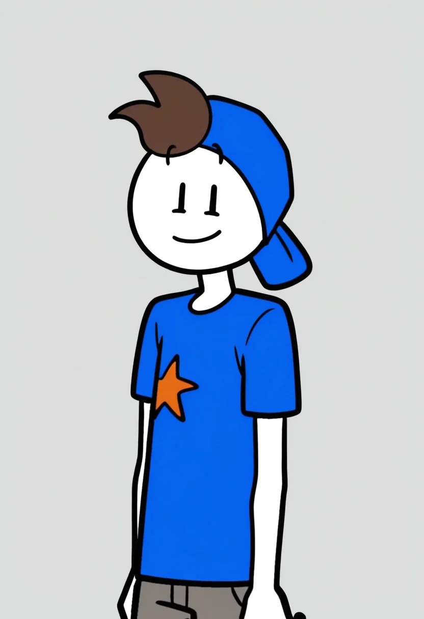 score_9, score_8_up, score_7_up, masterpiece, best quality, amazing quality, Copper, 1boy, solo, brown hair, blue hat, blue shirt, grey pants, black eyes, white skin, smile, upper body, looking at viewer