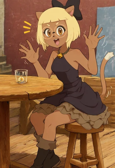 DofusJulie, 1 girl, solo girl, animal ears, animal nose, brown eyes, small blond eyebrows, blonde hair, bob cut, bangs, round glasses, dark skin, cat tail, black bow, hair bow, halterneck, black dress, bell, layered skirt, black boots, sitting, waving hand, looking at viewer, excited, motion lines, wooden table, wooden stool, rudimentary plaza, masterpiece, best quality,