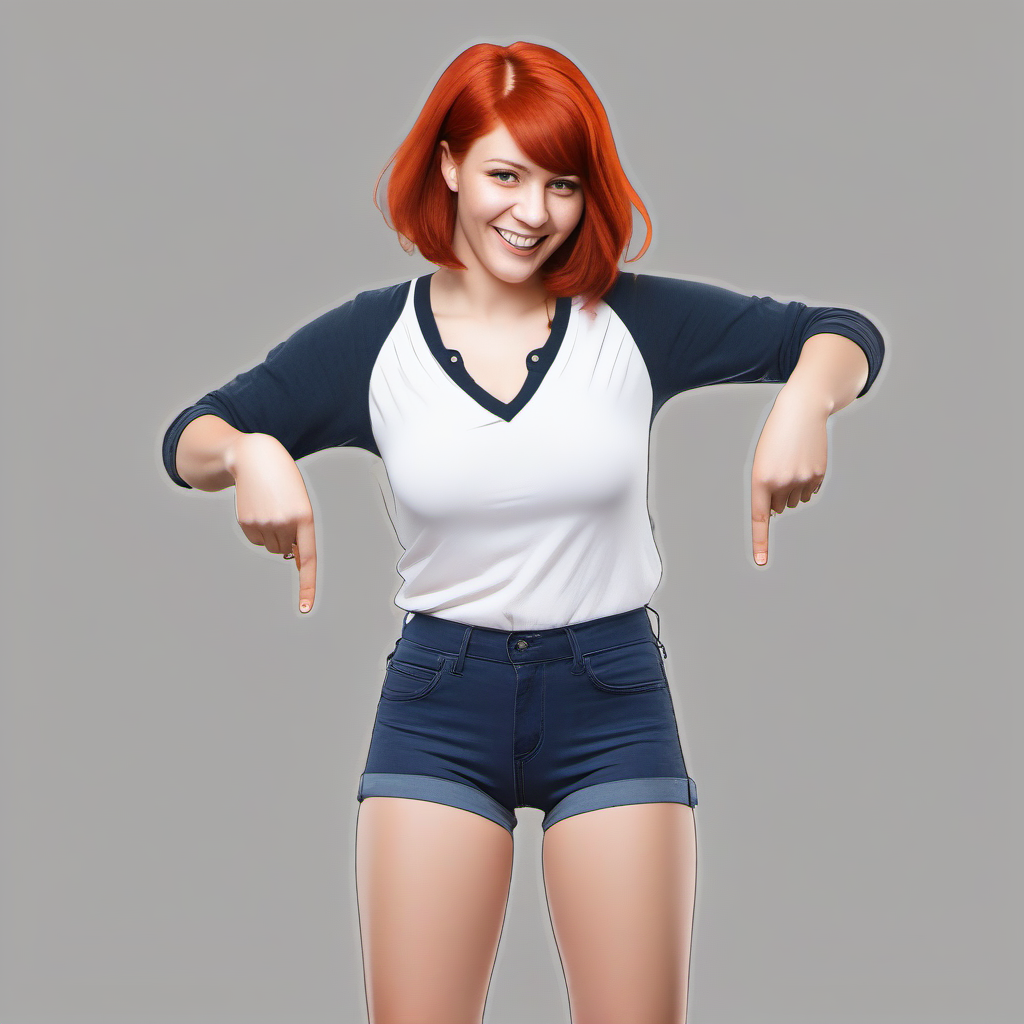 pointingdown, 1girl, pointing down, legs hidden, no background, <lora:pointingdown:1>, two hands pointing, smile, open eyes, Red Hair, Spikey haircut, Skinny, (Massive Breasts:1.2), (Cleavage:1.1), (Mature Female:1.1)