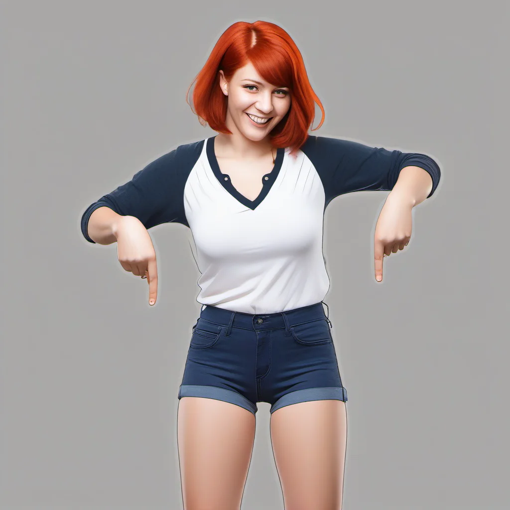 pointingdown, 1girl, pointing down, legs hidden, no background, <lora:pointingdown:1>, two hands pointing, smile, open eyes, Red Hair, Spikey haircut, Skinny, (Massive Breasts:1.2), (Cleavage:1.1), (Mature Female:1.1)