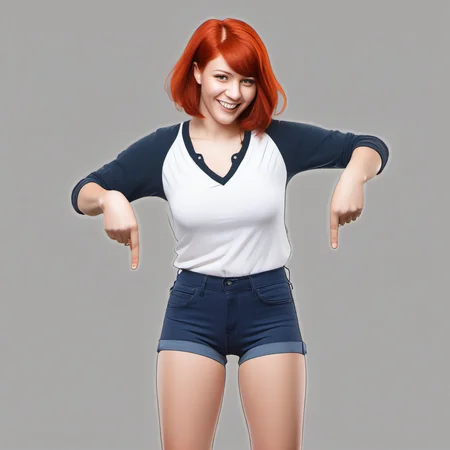 pointingdown, 1girl, pointing down, legs hidden, no background, <lora:pointingdown:1>, two hands pointing, smile, open eyes, Red Hair, Spikey haircut, Skinny, (Massive Breasts:1.2), (Cleavage:1.1), (Mature Female:1.1)