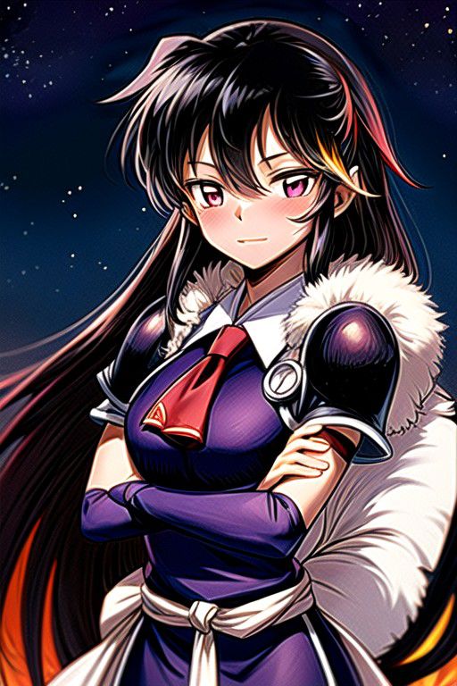 best quality 1girl Setsun4 solo long hair,  (night time) forest background black hair very long hair purple eyes multicolored hair armor, small, (fur trim) (medium body),<lora:EMS-179-EMS:0.800000>,<lora:EMS-293862-EMS:0.800000> bow, hair_bow, hair_tubes, red_bow, brown_hair, long_hair, bangs, ascot, frilled_bow, yellow_ascot, blush, smile, hair_between_eyes, athletic, armor, miko, strengthmda, crossed arms,