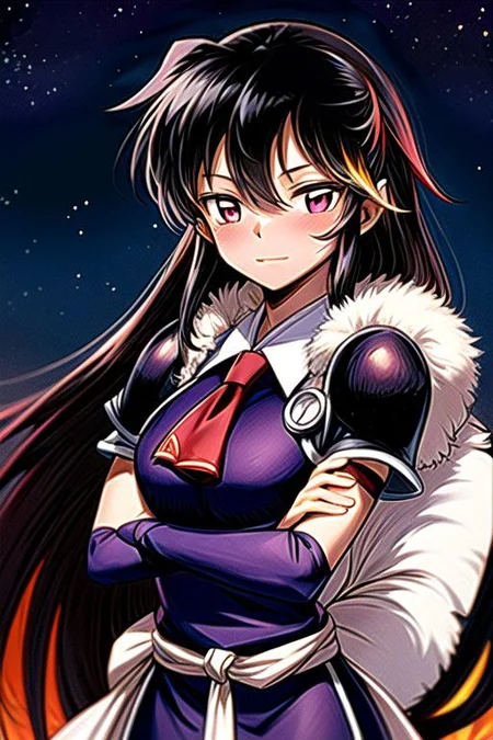 best quality 1girl Setsun4 solo long hair, (night time) forest background black hair very long hair purple eyes multicolored hair armor, small, (fur trim) (medium body),<lora:EMS-179-EMS:0.800000>,<lora:EMS-293862-EMS:0.800000> bow, hair_bow, hair_tubes, red_bow, brown_hair, long_hair, bangs, ascot, frilled_bow, yellow_ascot, blush, smile, hair_between_eyes, athletic, armor, miko, strengthmda, crossed arms,