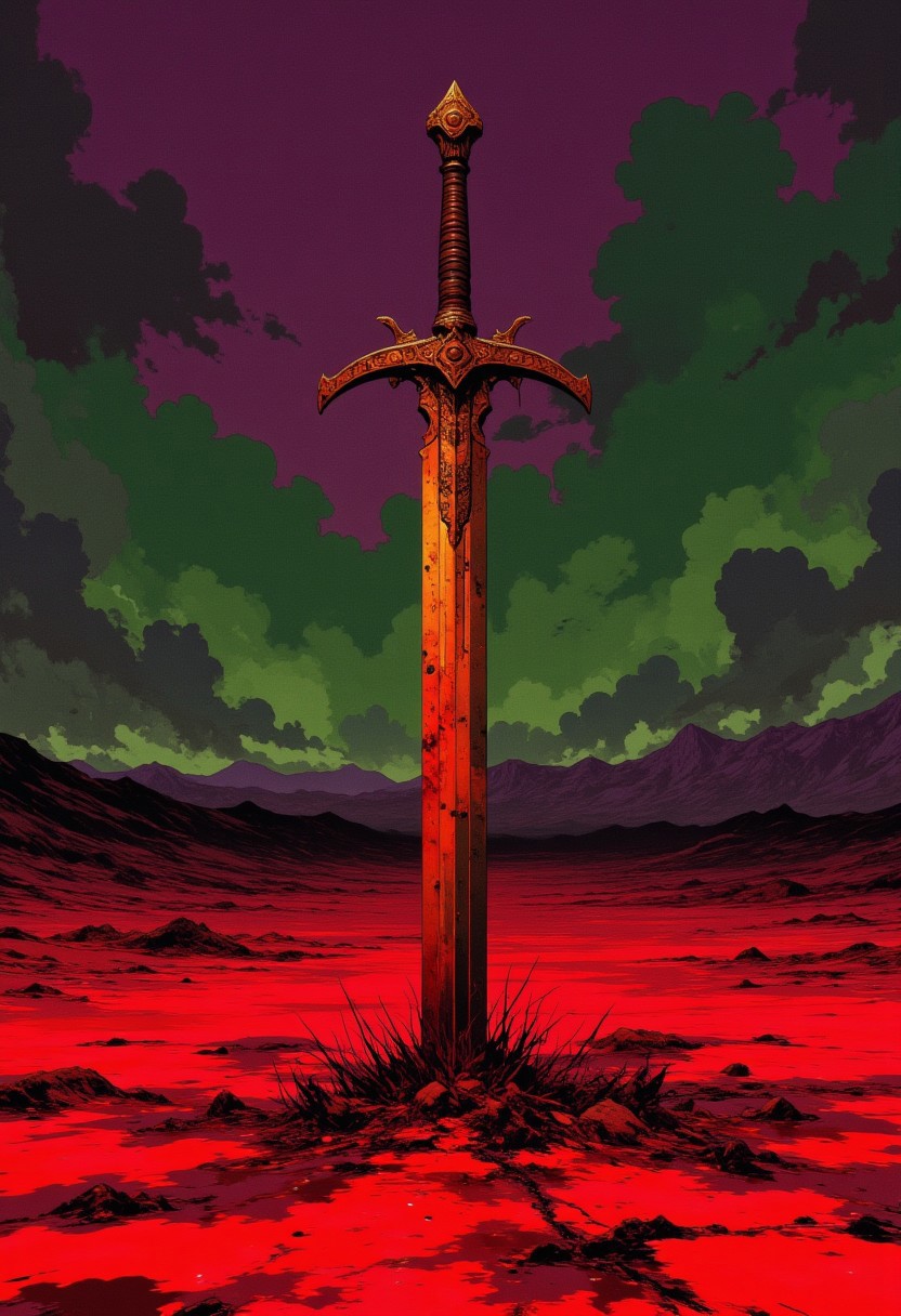 cinematic film still award winning photo .A lonely rusty orange brown sword stands fast in the blood soaked ground. All around it in crimson red. The sky a somber drab purple and dark green, depth of field, vignette, highly detailed, high budget, bokeh, cinemascope, moody, epic, gorgeous, film grain, grainy,anime, cyberpunk, Comic book style,CAICO