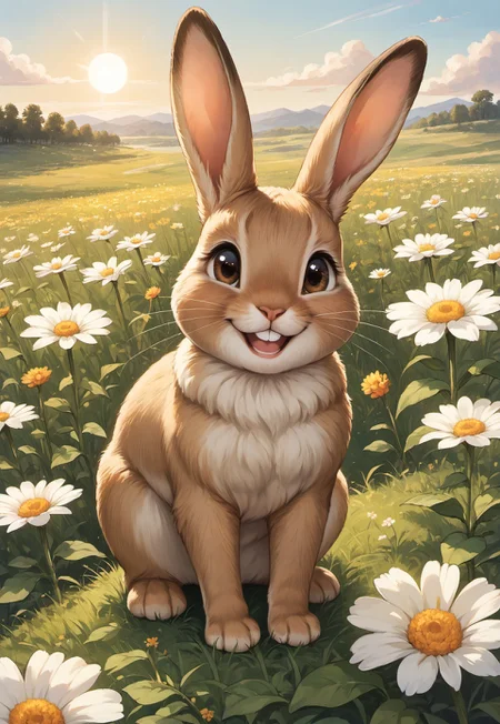 masterpiece, score_9_up, score_8_up, score_7_up, score_6_up, rating_save, (best quality:1.1), ultra-detailed, high resolution, solo, highly detailed macro illustration BREAK peter rabbit, feral rabbit, buck teeth, (beautiful brow eyes), animal nose, rabbit ears, (happy expression, cute face:1.3) BREAK close-up, field, flower print van in background, sitting, open sky, looking at viewer, from above, Heavy outline, setting sun, evening BREAK Highly Visible, (8k), sharp focus, perfect lighting, anatomically correct, extremely detailed, muted colors, high detail, serene setting, Expressiveh, detailed background, OverallDetail, Expressiveh, zPDXL3
