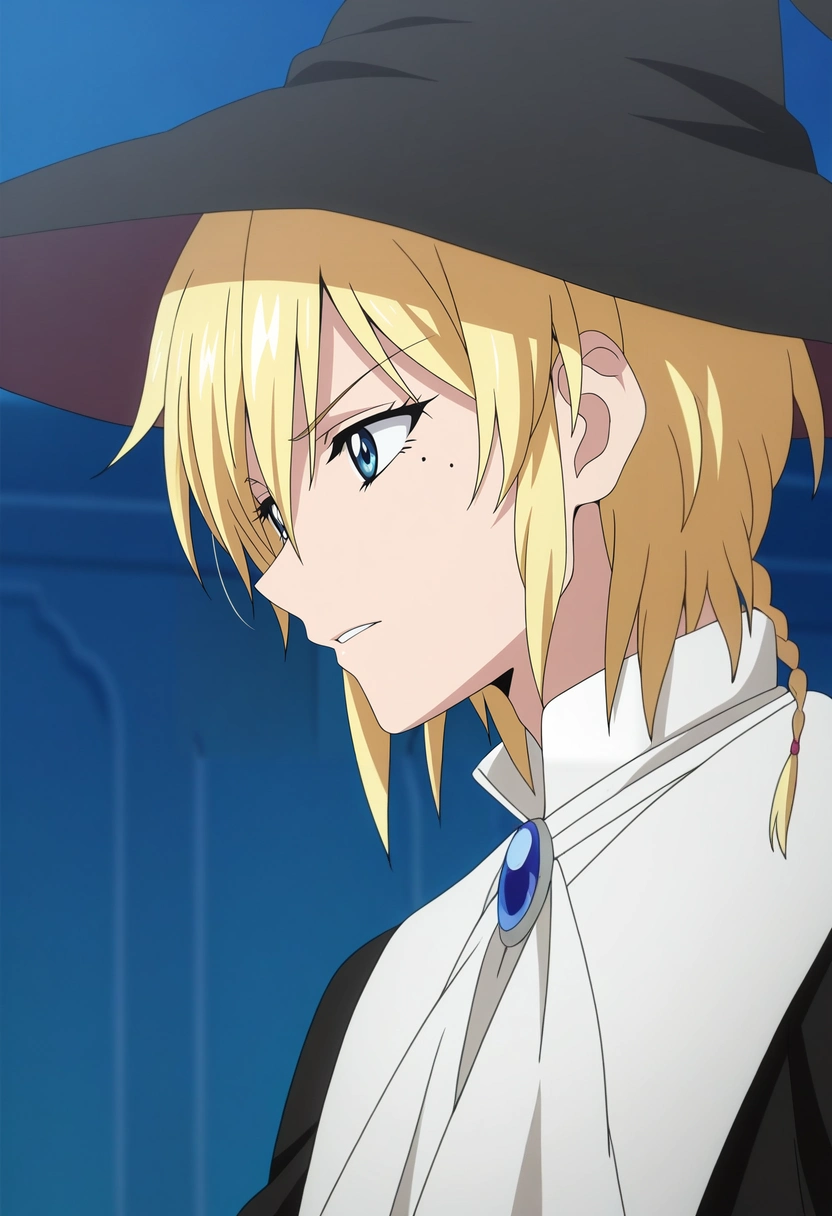 masterpiece, best quality, intricate details, anime screencap, anime coloring, ,, 1boy, solo, male focus, <lora:titus_alexius_ilxl:0.92>, titus_alexius, blonde hair, blue eyes, short hair, braid, mole, mole under eye, , witch hat,