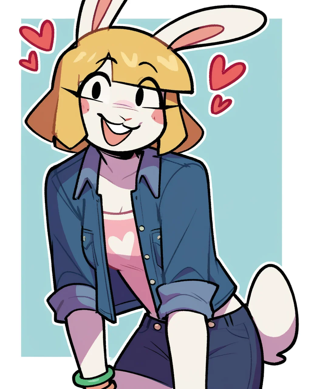 score_9_up, score_8_up, score_7_up, score_6_up, furry female, by remanedur, half-length portrait, female, furry, rabbit, rabbit ears, black eyes, hearts around head, open smile, <3, leaning forward, blue jean jacket, open jacket, shirt, bracelet, shorts, blonde hair, short hair, tail, medium breasts, looking at viewer, happy, head tilt, solo, three-quarter view, simple background, white outline, <lora:Leah_Pines(AIM)_XL_v1:0.15> <lora:PDXL_artist_tags_v2_big:0.5> <lora:The-Minuscule-Task_PDXL_v1.0:0.6> <lora:Kami_Soto_pollenpvtch:0.7>