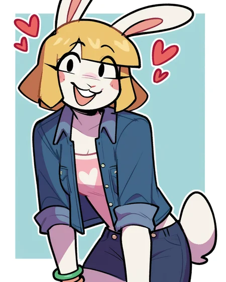 score_9_up, score_8_up, score_7_up, score_6_up, furry female, by remanedur, half-length portrait, female, furry, rabbit, rabbit ears, black eyes, hearts around head, open smile, <3, leaning forward, blue jean jacket, open jacket, shirt, bracelet, shorts, blonde hair, short hair, tail, medium breasts, looking at viewer, happy, head tilt, solo, three-quarter view, simple background, white outline, <lora:Leah_Pines(AIM)_XL_v1:0.15> <lora:PDXL_artist_tags_v2_big:0.5> <lora:The-Minuscule-Task_PDXL_v1.0:0.6> <lora:Kami_Soto_pollenpvtch:0.7>