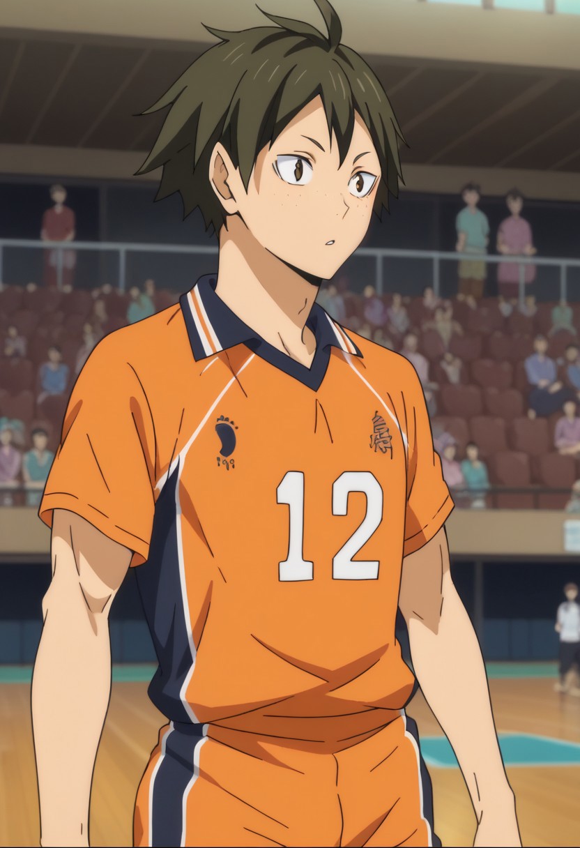 score_9, score_8_up, score_7_up, source_anime, rating_safe, YamaguchiHAIKYU, Yamaguchi_freckles, brown_Yamaguchi_eyes, dark green_Yamaguchi_hair, 1boy, male focus, anime screencap, orange_Karasuno_shorts, orange_Karasuno_shirt,