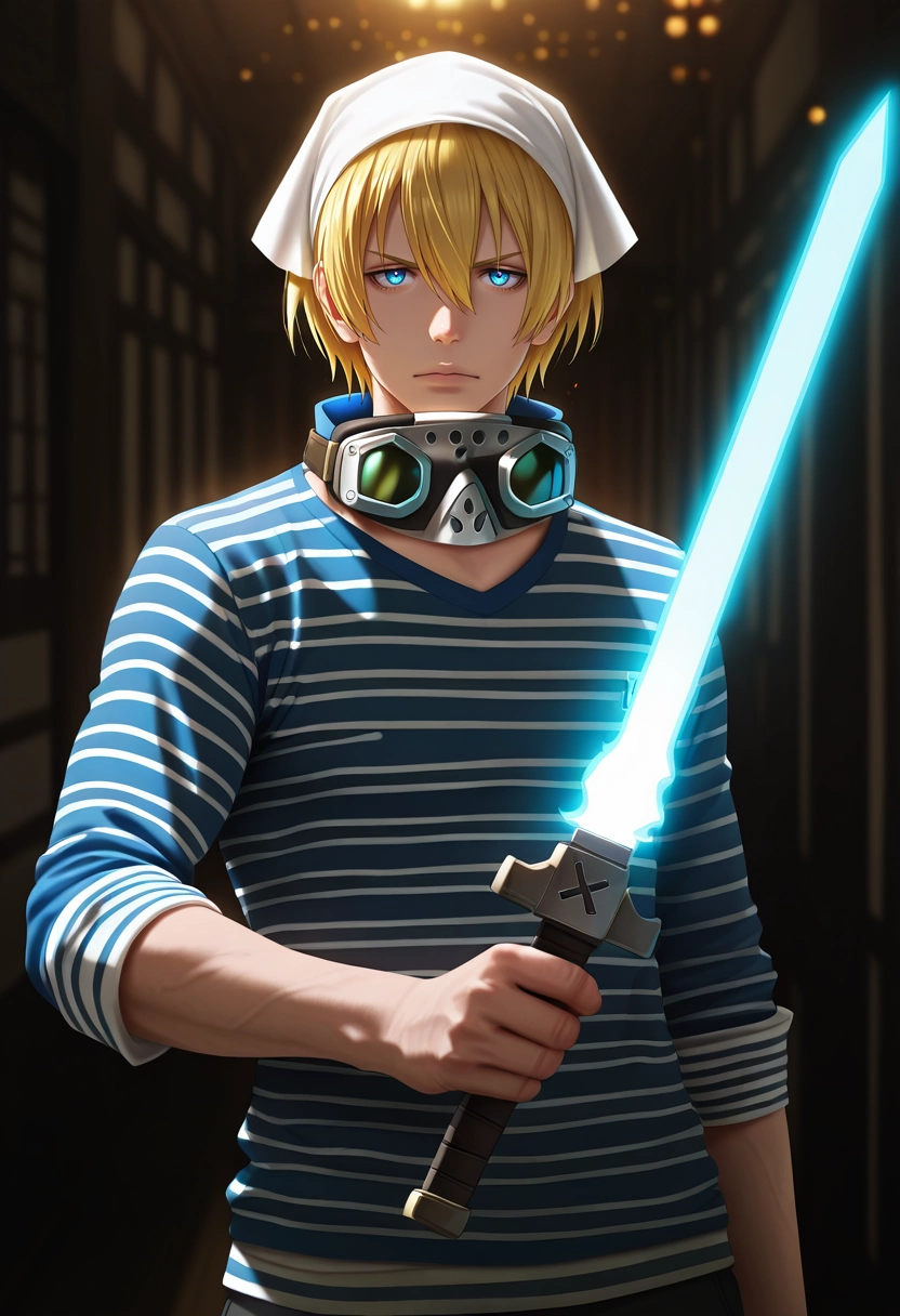 masterpiece, best quality, , (photorealistic:0.6), looking at viewer, 1boy, solo, male focus, <lora:arthur_boyle_ilxl:0.96>, arthur_boyle, blonde hair, blue eyes, short hair, hair between eyes, , holding sword, energy sword, , Chinos, Striped shirt, , Headscarf, andNight Vision Goggles