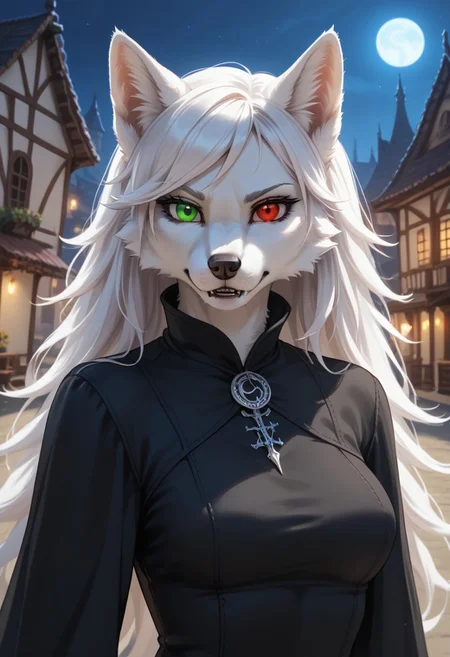 score_9, score_8_up, score_7_up, realistic style, symphtia-style, textured fur, (1girl, (wolf girl, vampire, furry female wolf, furry female), (white hair, sideswept bangs, white fur)), ((heterochromia, right red eye, left green eye)), (black dress), serious, (town, night), fine details, clothing textures, depth of field, dim lighting, high quality, thick outlines,