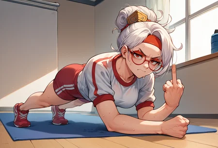 score_9, score_8_up, score_7_up, source_anime, 1girl, planking, exercise, clenched hand, <lora:Planking_XLPD:1>, gym uniform, sweat, annoyed, full body, arm up, <lora:purah-pdxl-nvwls-v1:0.8> purah, hair ornament, red headband, red glasses, middle finger, smirk, ass,