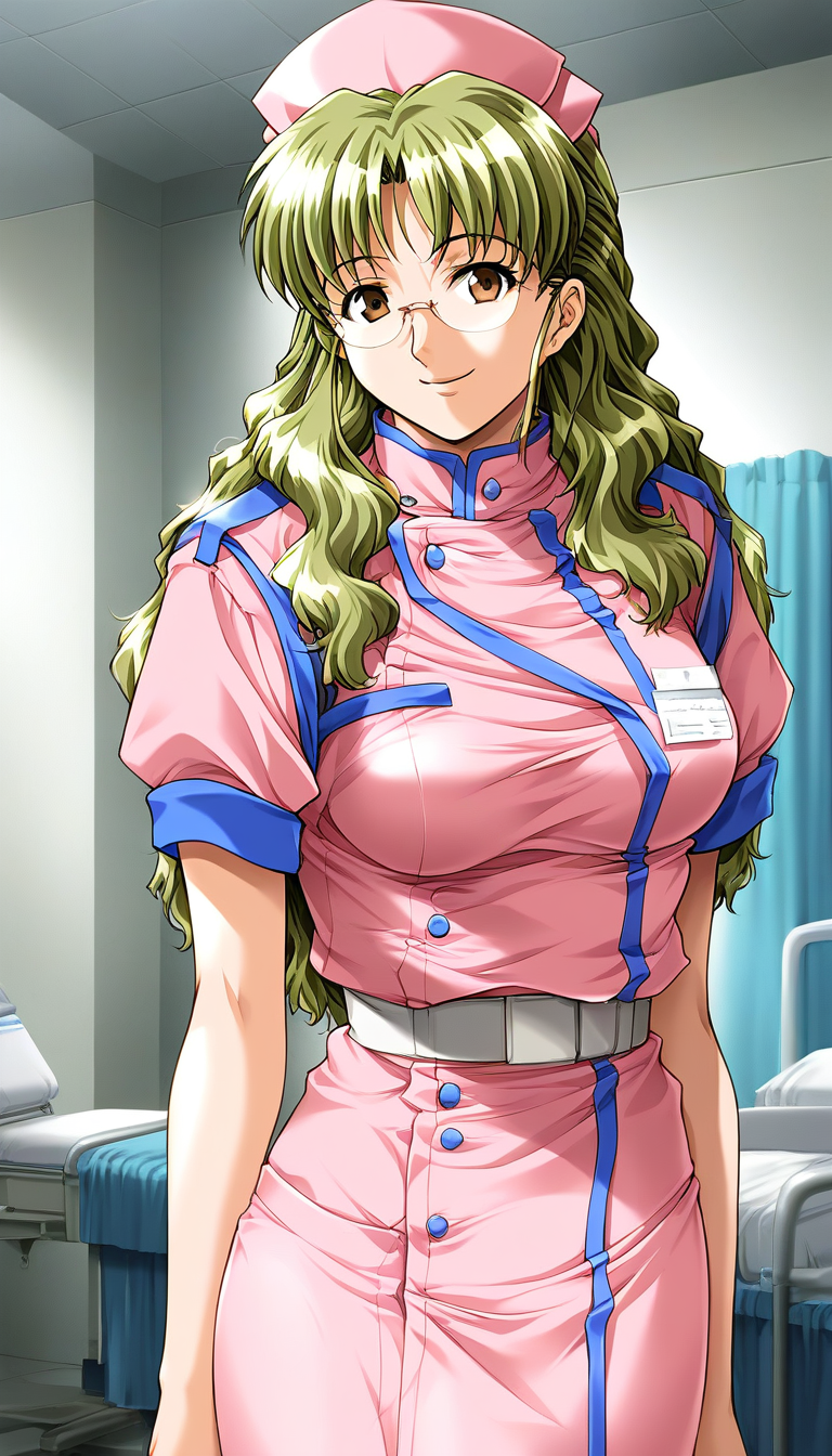 score_9, score_8_up, score_7_up, source_anime, rating_explicit, BREAK  <lora:Akimoto_Aoi_XL:1> Akimoto_Aoi, glasses, long hair, light green hair, brown eyes, breasts,
Akimoto_Aoi, 1girl, solo, nurse, hat, nurse cap, uniform, smile, belt, indoors, looking at viewer,
hospital, room,