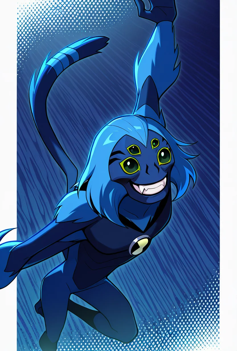 <lora:spidermonkey-09:1> spidermonkey, extra eyes, solo, blue skin, four arms,, long blue tail, , green eyes, green sclera, teeth, blue hair, pokemon (creature), blue background, smile, teeth, fangs, dynamic pose,,, upper body, halftone effect, white borders, abstract background:1.2,, masterpiece, best quality, amazing quality, very aesthetic, absurdres, newest,