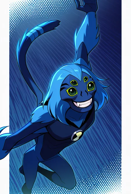 <lora:spidermonkey-09:1> spidermonkey, extra eyes, solo, blue skin, four arms,, long blue tail, , green eyes, green sclera, teeth, blue hair, pokemon (creature), blue background, smile, teeth, fangs, dynamic pose,,, upper body, halftone effect, white borders, abstract background:1.2,, masterpiece, best quality, amazing quality, very aesthetic, absurdres, newest,