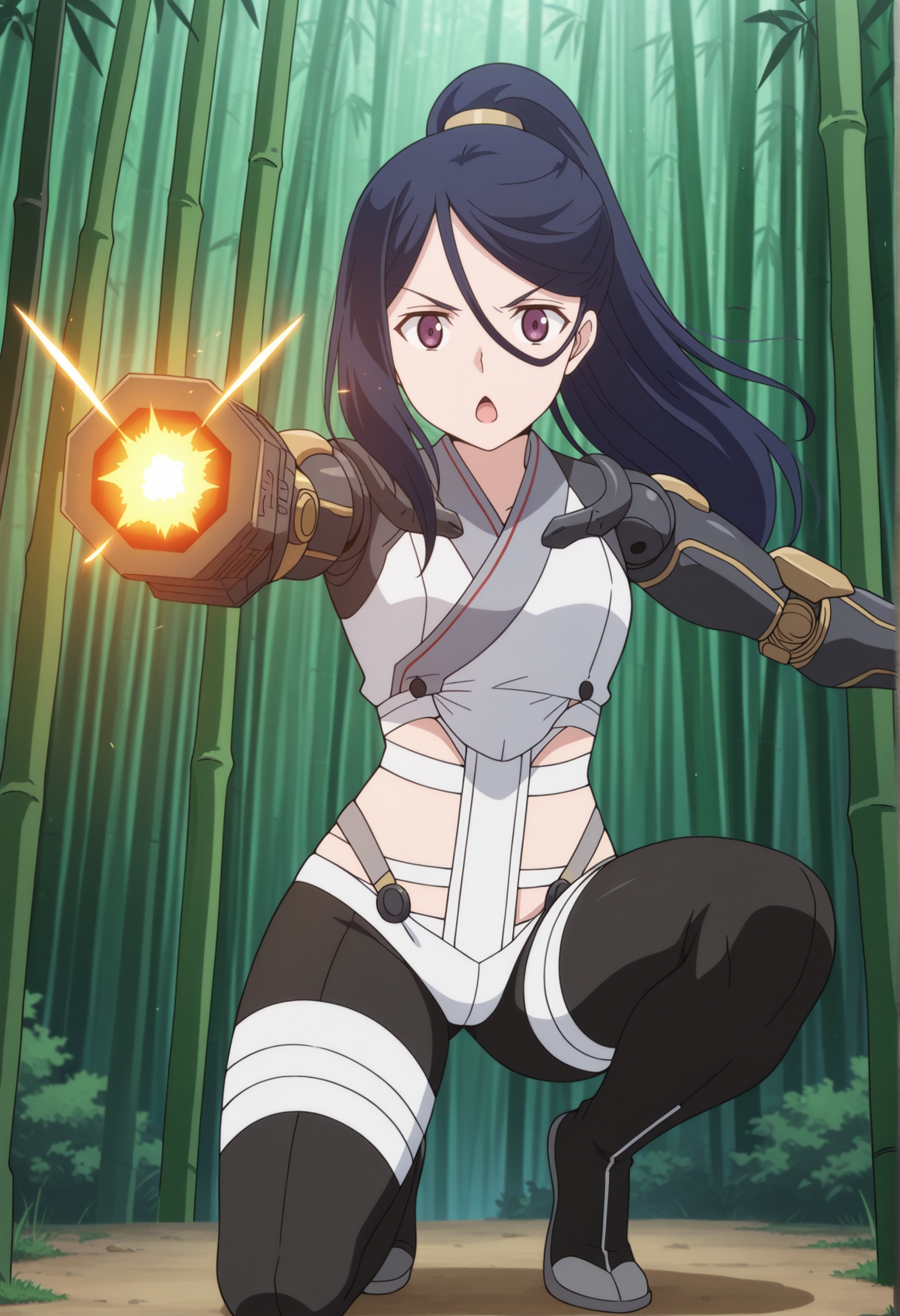 1girl, solo, 1girl, blue hair, purple eyes, long hair, high ponytail, hair between eyes, bodysuit, revealing clothes, mechanical arms, outdoors, bamboo forest, arm cannon, aiming at viewer, firing, chestnut mouth, on one knee. fighting stance,  <lora:Ning_ken_en_ken:1>, masterpiece, best quality, amazing quality, very aesthetic, absurdres, highres, newest