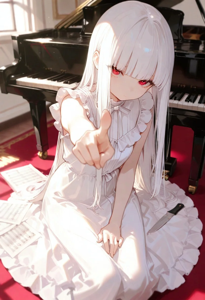 masterpiece, best quality, good quality, newest, highres, absurdres, volumetric lighting, gradient color,
BREAK
1 girl, white hair, red eyes, long hair,
detailed background, cute girl, holding knife, pointing knife at viewer, depth of field foreshortening,
BREAK
delicate dress, very long hair, sitting, full_body, white_hair, indoors, blunt_bangs, white_dress, sleeveless_dress, frilled_dress, long_dress, piano, hands_on_lap, sheet_music, grand_piano, looking_at_viewer, bloom, light rays,