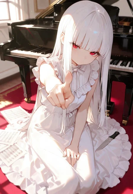 masterpiece, best quality, good quality, newest, highres, absurdres, volumetric lighting, gradient color,
BREAK
1 girl, white hair, red eyes, long hair,
detailed background, cute girl, holding knife, pointing knife at viewer, depth of field foreshortening,
BREAK
delicate dress, very long hair, sitting, full_body, white_hair, indoors, blunt_bangs, white_dress, sleeveless_dress, frilled_dress, long_dress, piano, hands_on_lap, sheet_music, grand_piano, looking_at_viewer, bloom, light rays,
