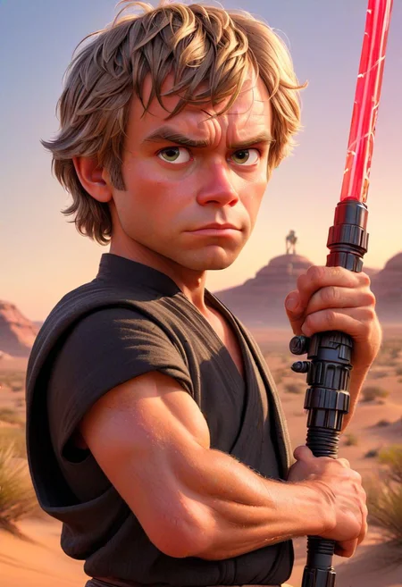 Highly detailed, 8k, sharp, professional, clear, high contrast, high saturated, vivid deep blacks, crystal clear: 3D Pixar cartoon style Luke Skywalker, youthful optimism in his wide eyes, oversized lightsaber hilt held playfully against a vibrant Tatooine sunset.